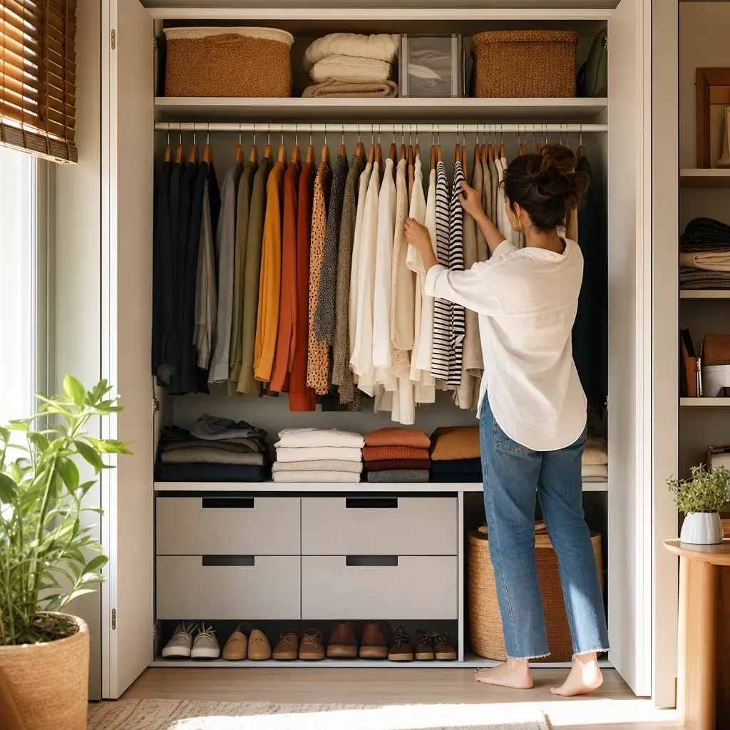 Como organizar guarda-roupa pequeno: cabe mais roupa com pessoa organizando cabides, roupas dobradas e sapatos