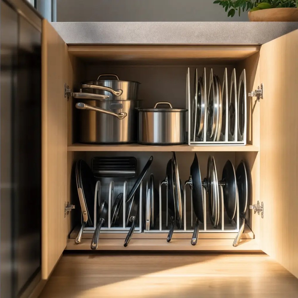 Como organizar panelas e tampas no armário em armário de cozinha com suportes brancos