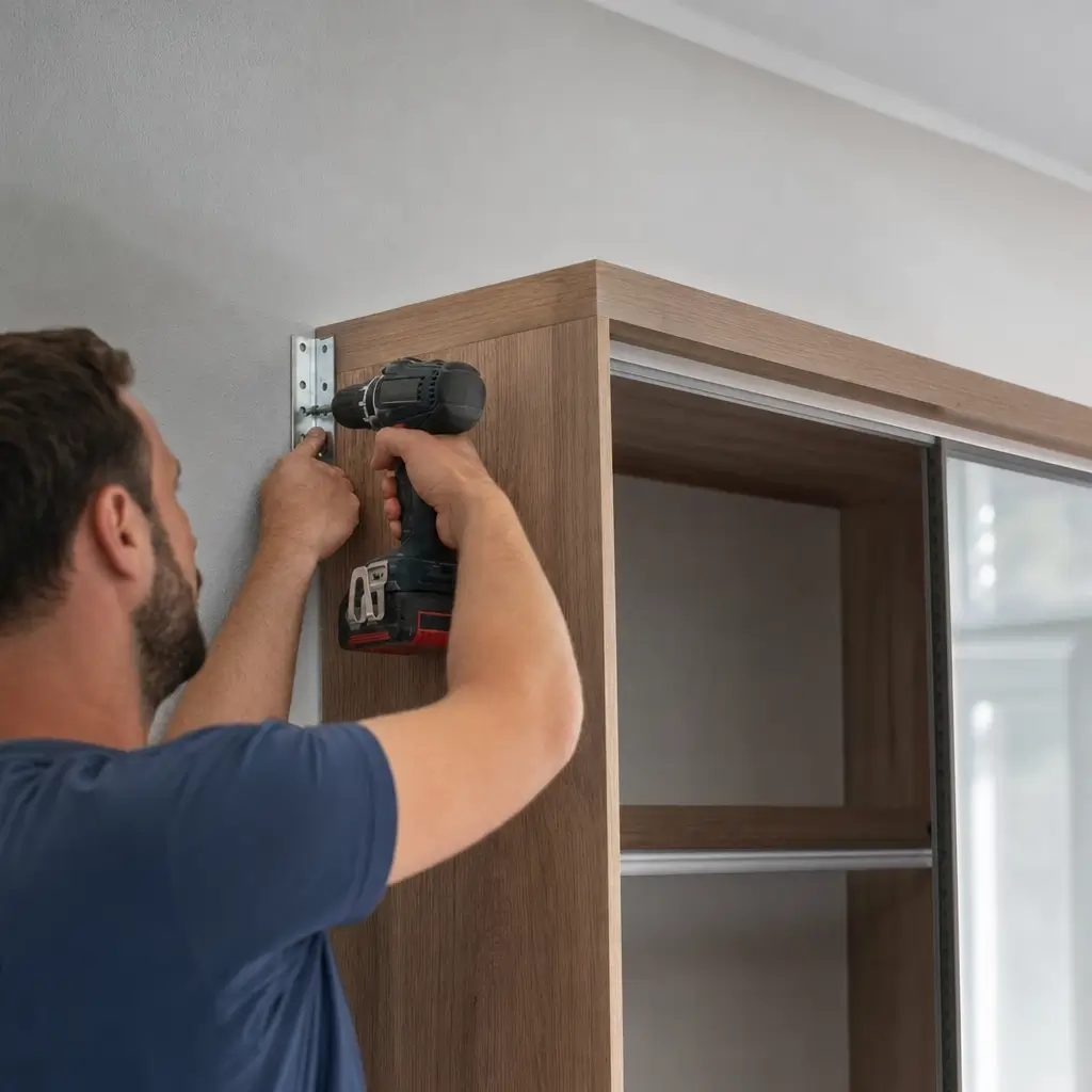 Como prender guarda-roupa na parede sem furar muito: homem fixando cantoneira na lateral do guarda-roupa com parafusadeira
