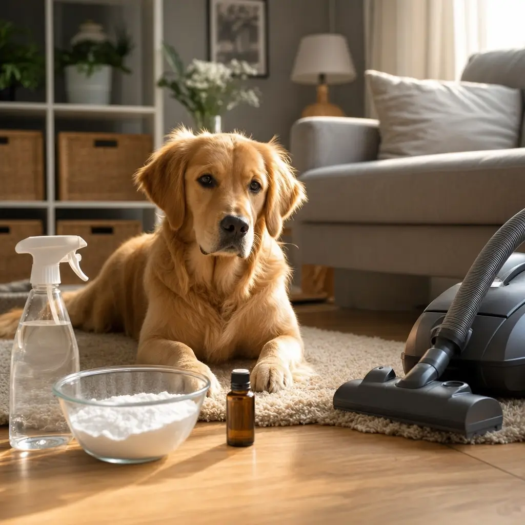 Como tirar cheiro de cachorro da casa rápido: cachorro no tapete, aspirador, bicarbonato e spray