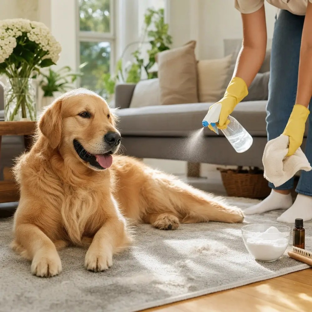 Como tirar cheiro de cachorro da casa rápido: cachorro no tapete e pessoa borrifando spray de limpeza