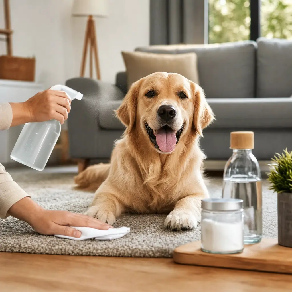 Como tirar cheiro de cachorro da casa rápido: cachorro no tapete, spray e pano, vinagre e bicarbonato