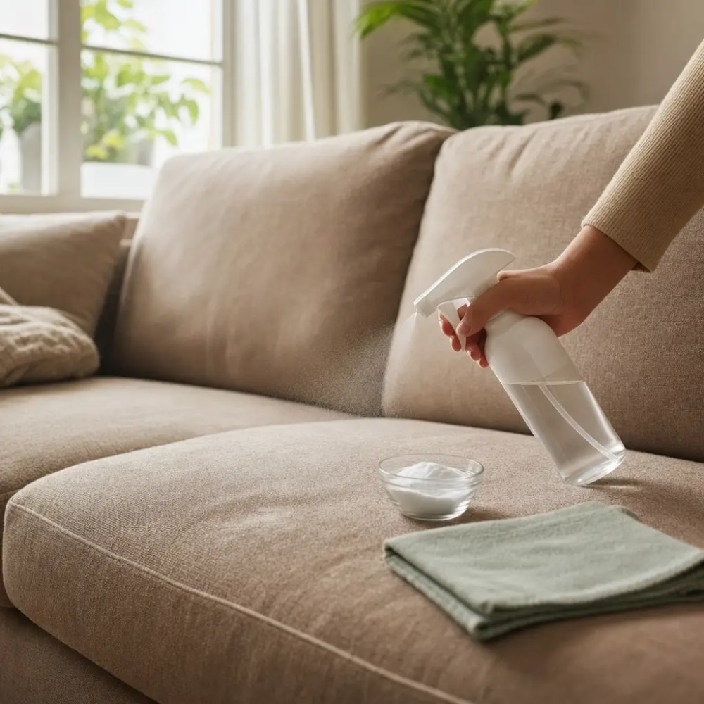 Como tirar cheiro de cigarro do sofá: o que funciona, mão borrifando spray em sofá bege com pano e tigela