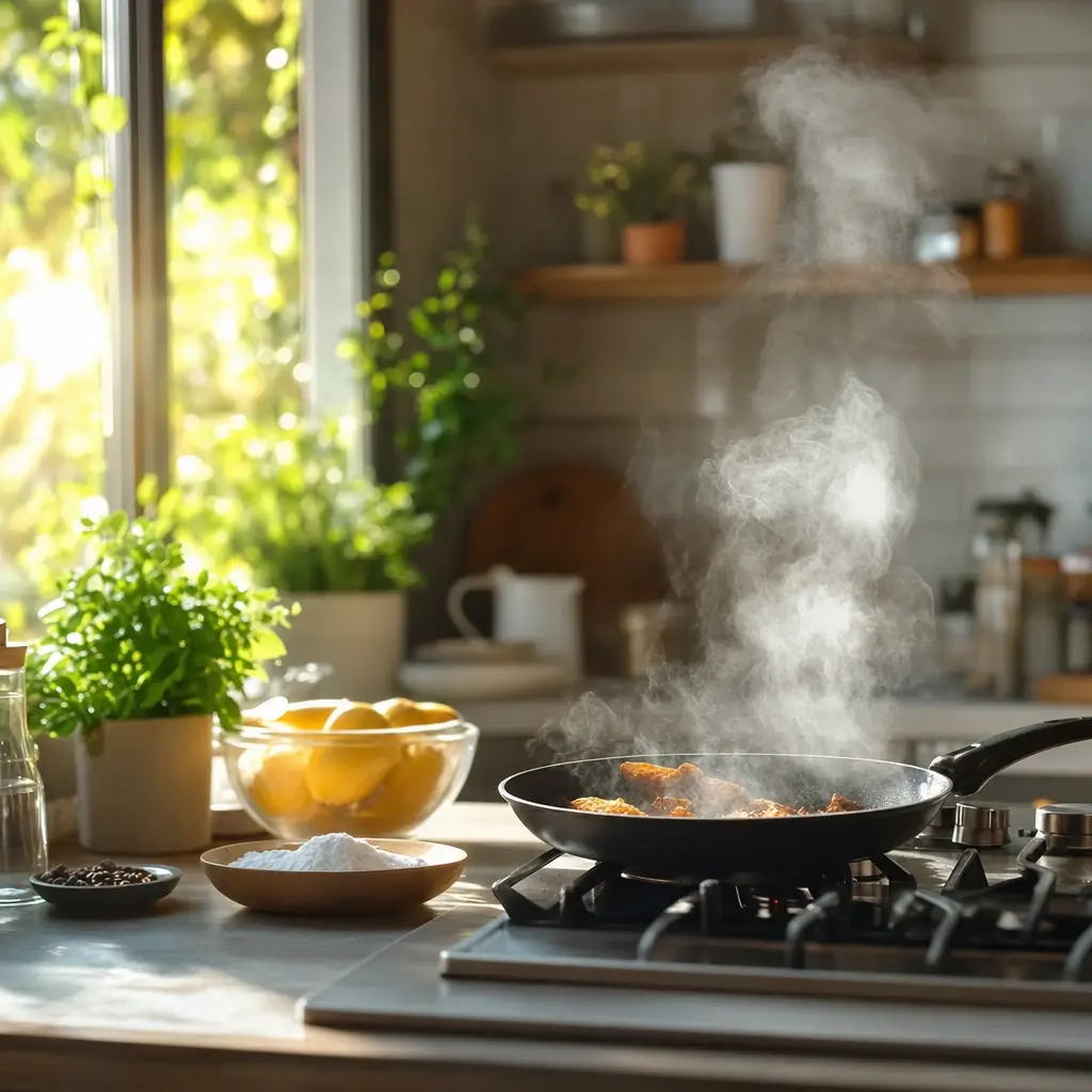 Como tirar cheiro de fritura da casa rápido, frigideira soltando fumaça na cozinha com limões
