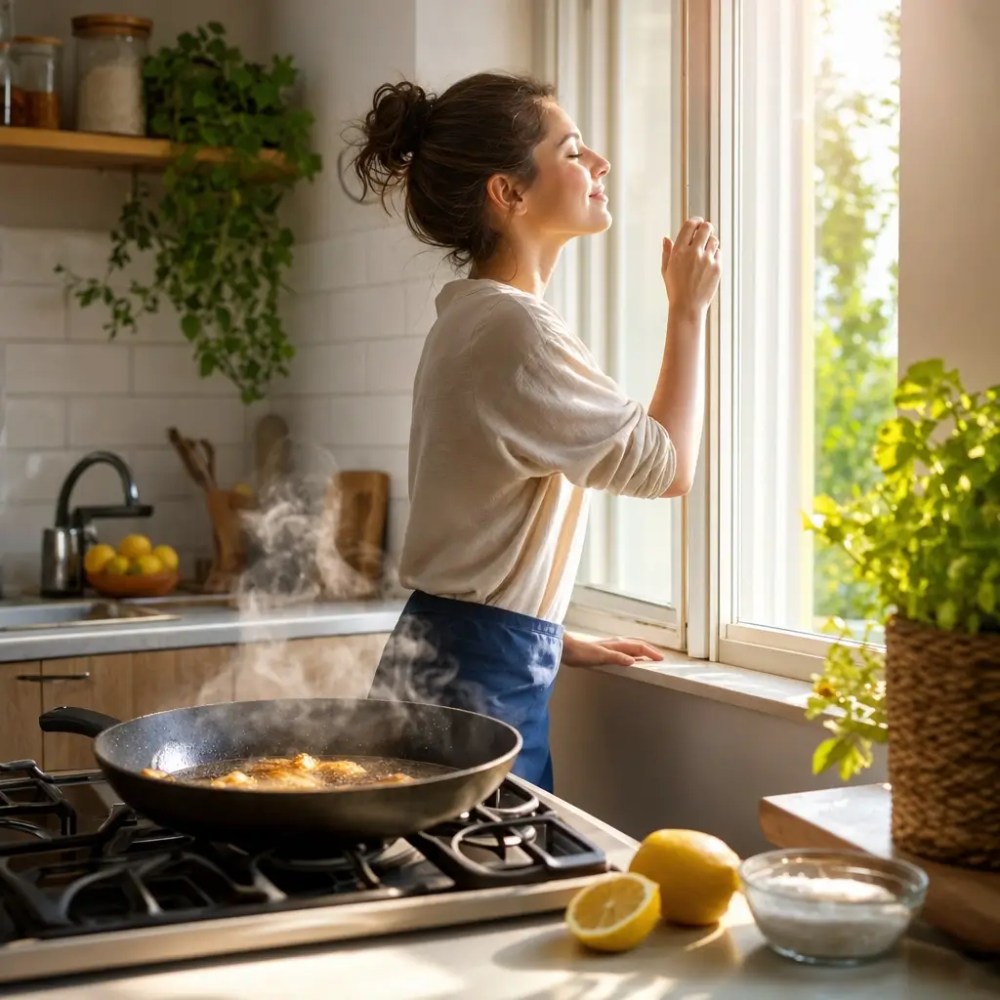 Como tirar cheiro de fritura da casa rápido, mulher abrindo janela com frigideira fritando na cozinha