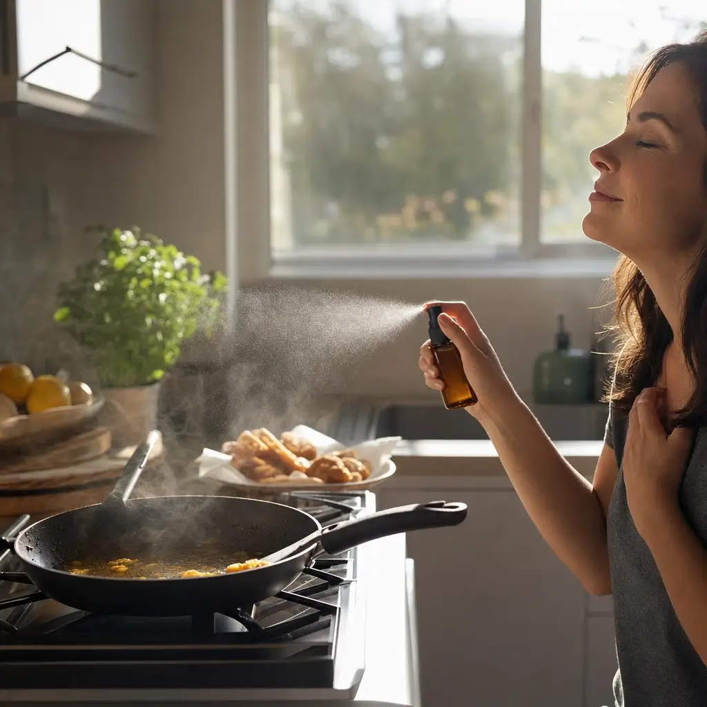 Como tirar cheiro de fritura da casa rápido, mulher borrifando spray perto da frigideira na cozinha