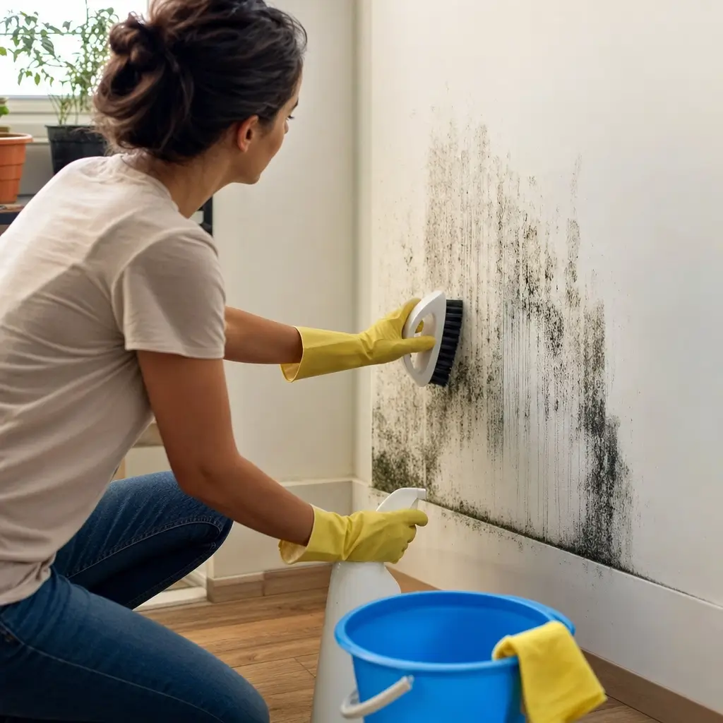 Como tirar mofo da parede: soluções simples, pessoa esfregando mofo na parede com escova, balde e spray