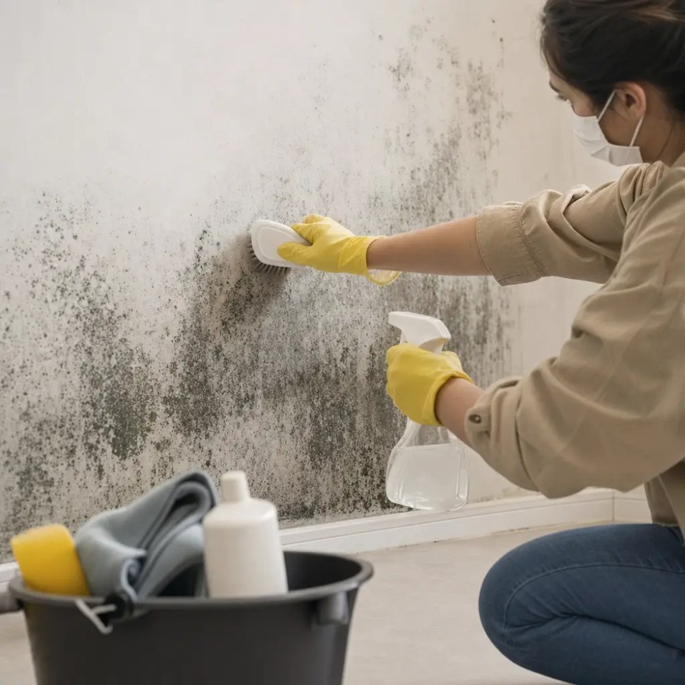 Como tirar mofo da parede: soluções simples, pessoa esfregando parede com mofo com escova e spray