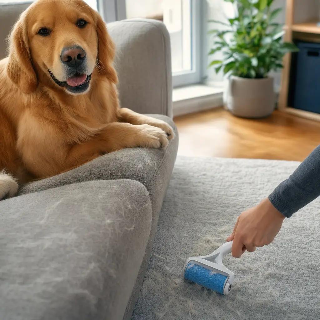 Como tirar pelos de pet do sofá: truques rápidos, cachorro no sofá e rolo tira-pelos no tapete