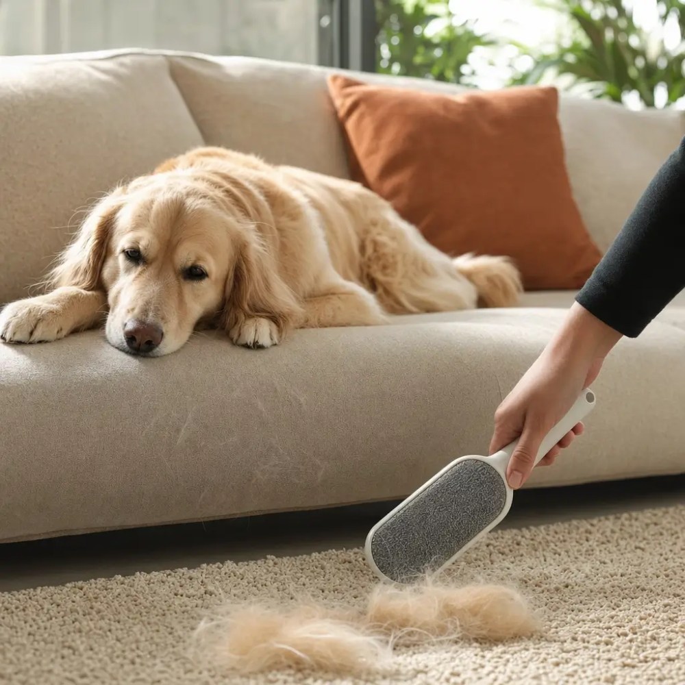 Como tirar pelos de pet do sofá: truques rápidos, cão no sofá e escova tira-pelos no tapete