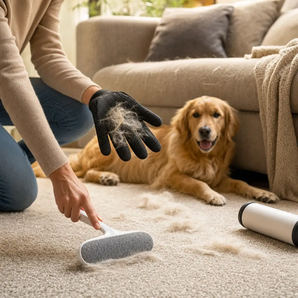 Como tirar pelos de pet do sofá: truques rápidos, luva com pelos e escova no tapete, cachorro perto do sofá