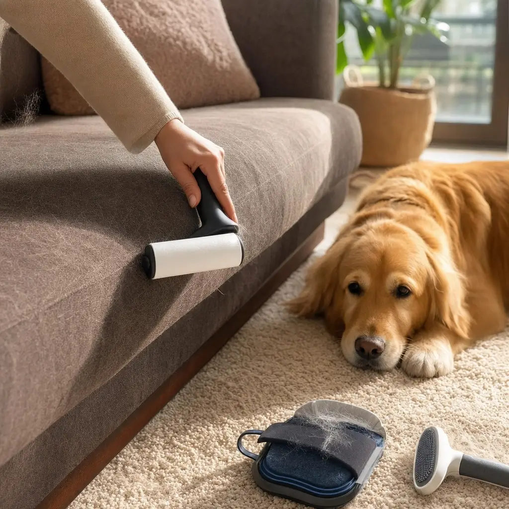 Como tirar pelos de pet do sofá: truques rápidos, rolo tira-pelos no sofá e cachorro no tapete