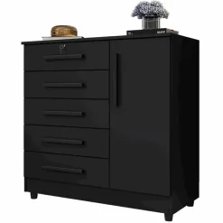 Comoda Vitoria 5 Gavetas 1 Porta Rud Rack Preto