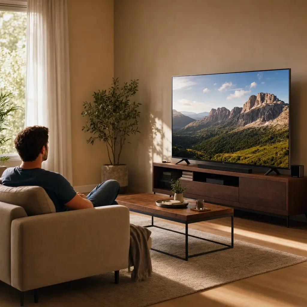 Distância ideal do sofá para a TV: quantos metros? homem no sofá assistindo TV na sala com rack e mesa de centro