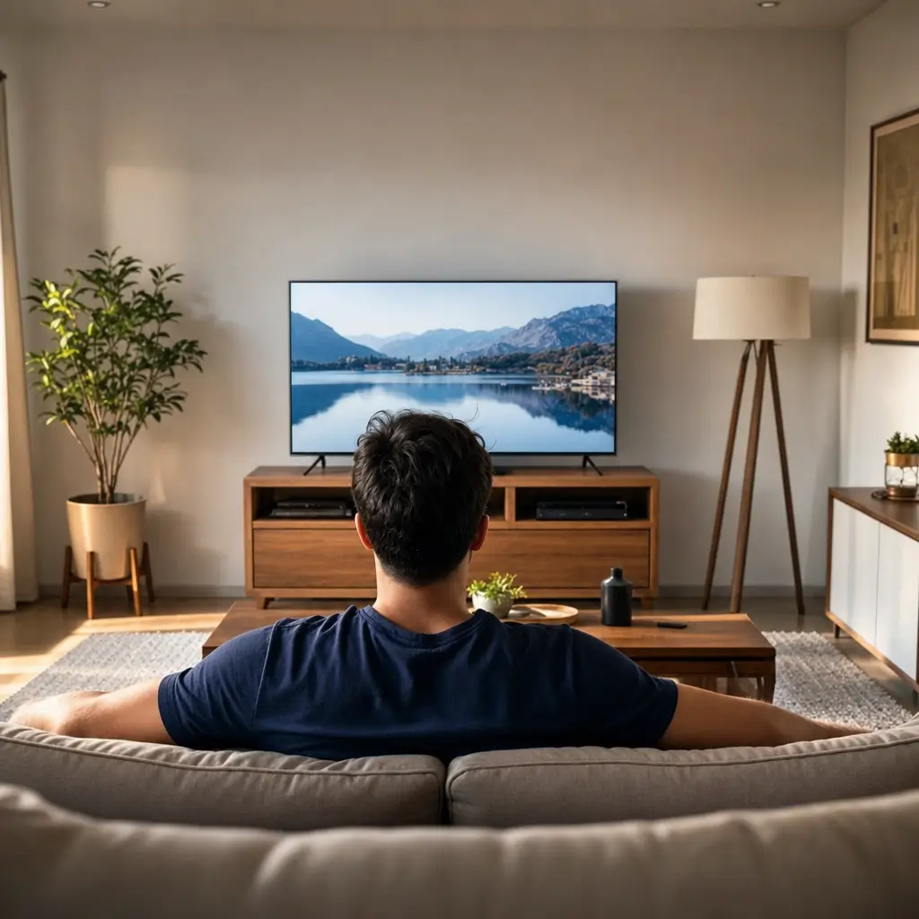 Distância ideal do sofá para a TV: quantos metros? homem no sofá de costas assistindo TV na sala