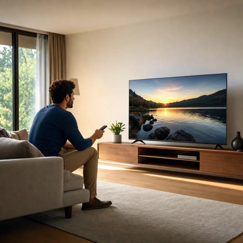 Distância ideal do sofá para a TV: quantos metros? homem no sofá vendo TV na sala