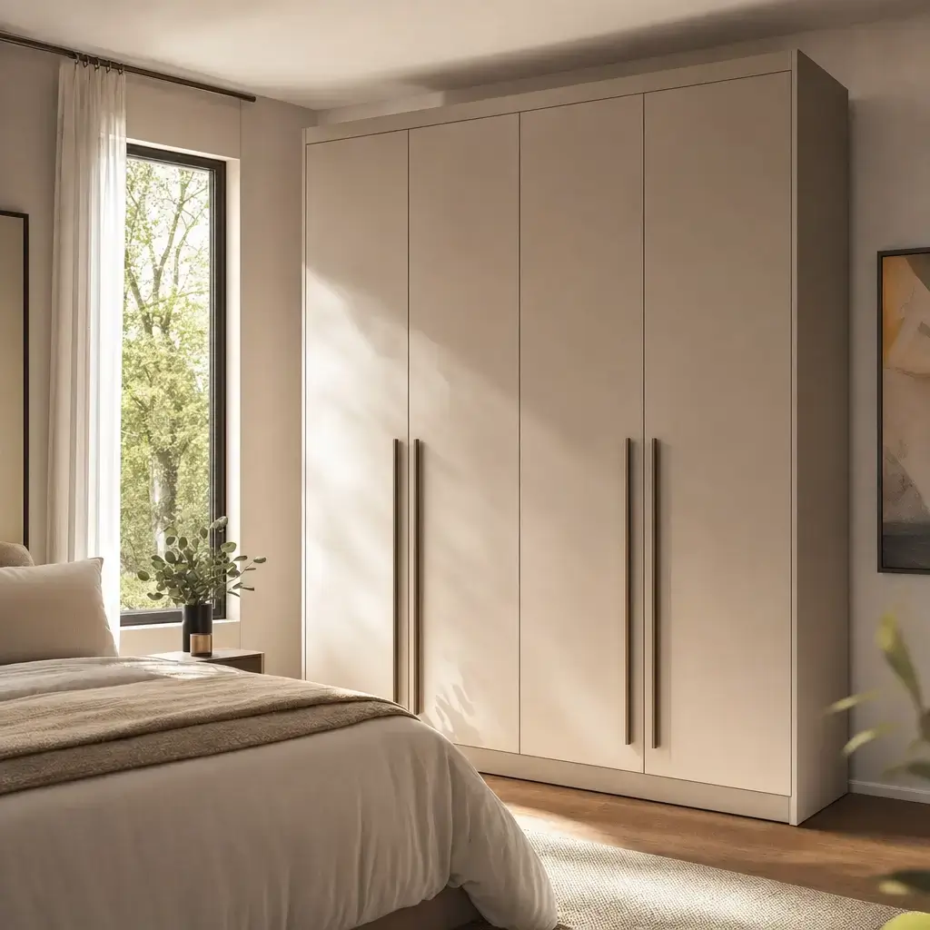 Guarda-roupa 4 portas: medidas e espaço no quarto, guarda-roupa branco com cama e janela