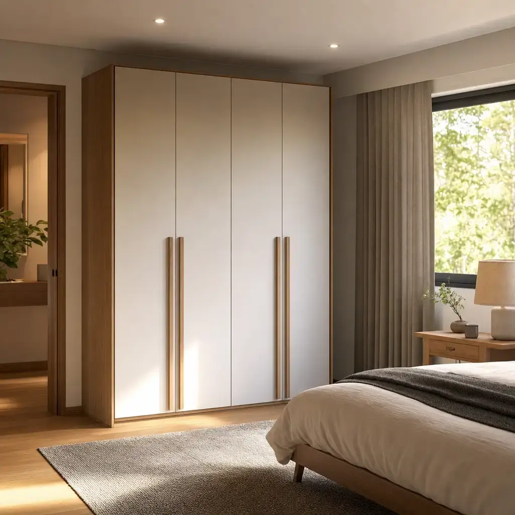 Guarda-roupa 4 portas: medidas e espaço no quarto, quarto com guarda-roupa branco, cama e janela