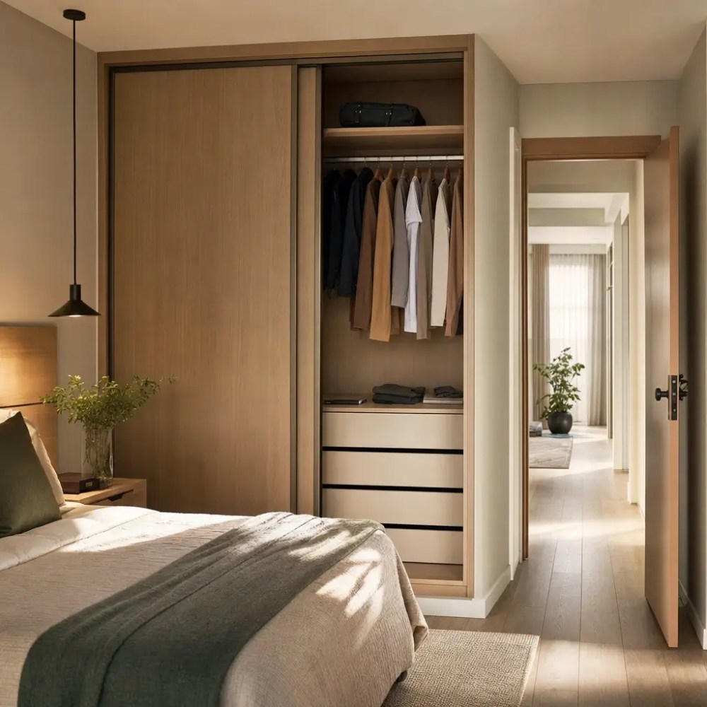 Guarda-roupa com porta de correr: vale a pena? guarda-roupa de madeira aberto com roupas no cabide