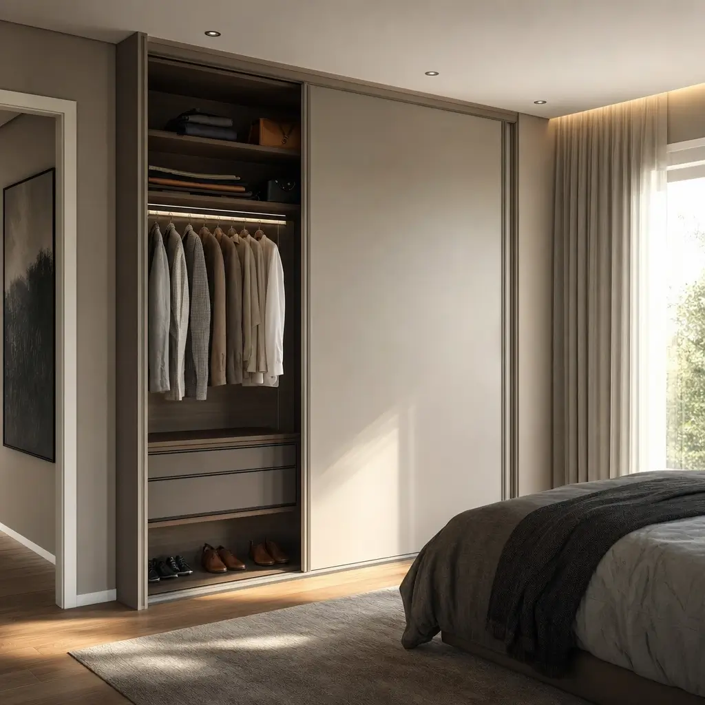 Guarda-roupa com porta de correr: vale a pena? portas abertas com roupas e sapatos no quarto