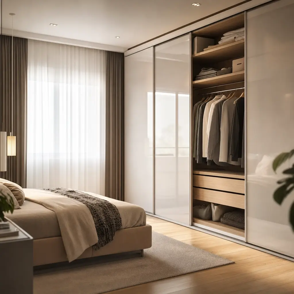 Guarda-roupa com porta de correr: vale a pena? quarto com cama e portas de correr espelhadas abertas com roupas e prateleiras