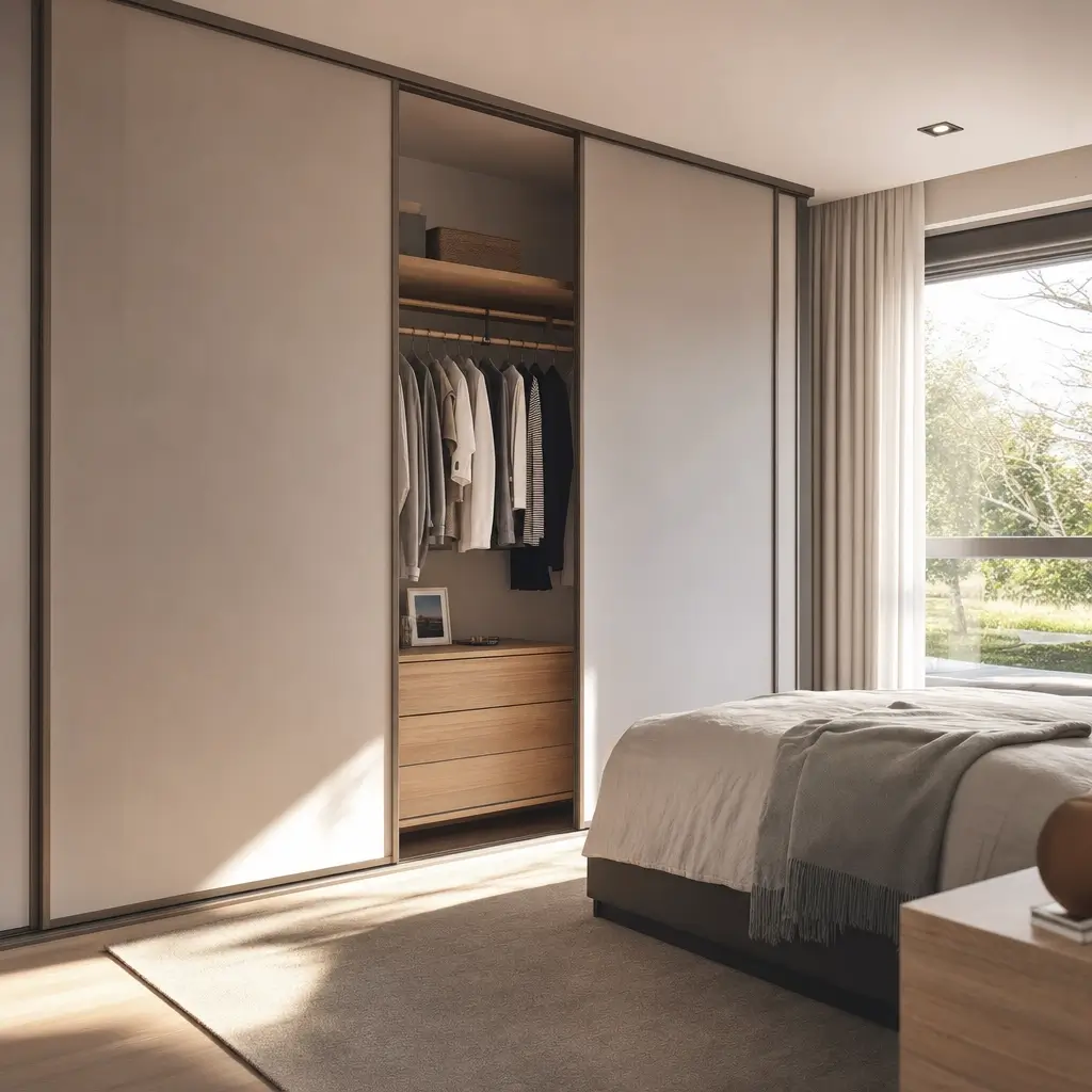 Guarda-roupa com porta de correr: vale a pena? quarto com guarda-roupa de portas de correr e roupas no cabide