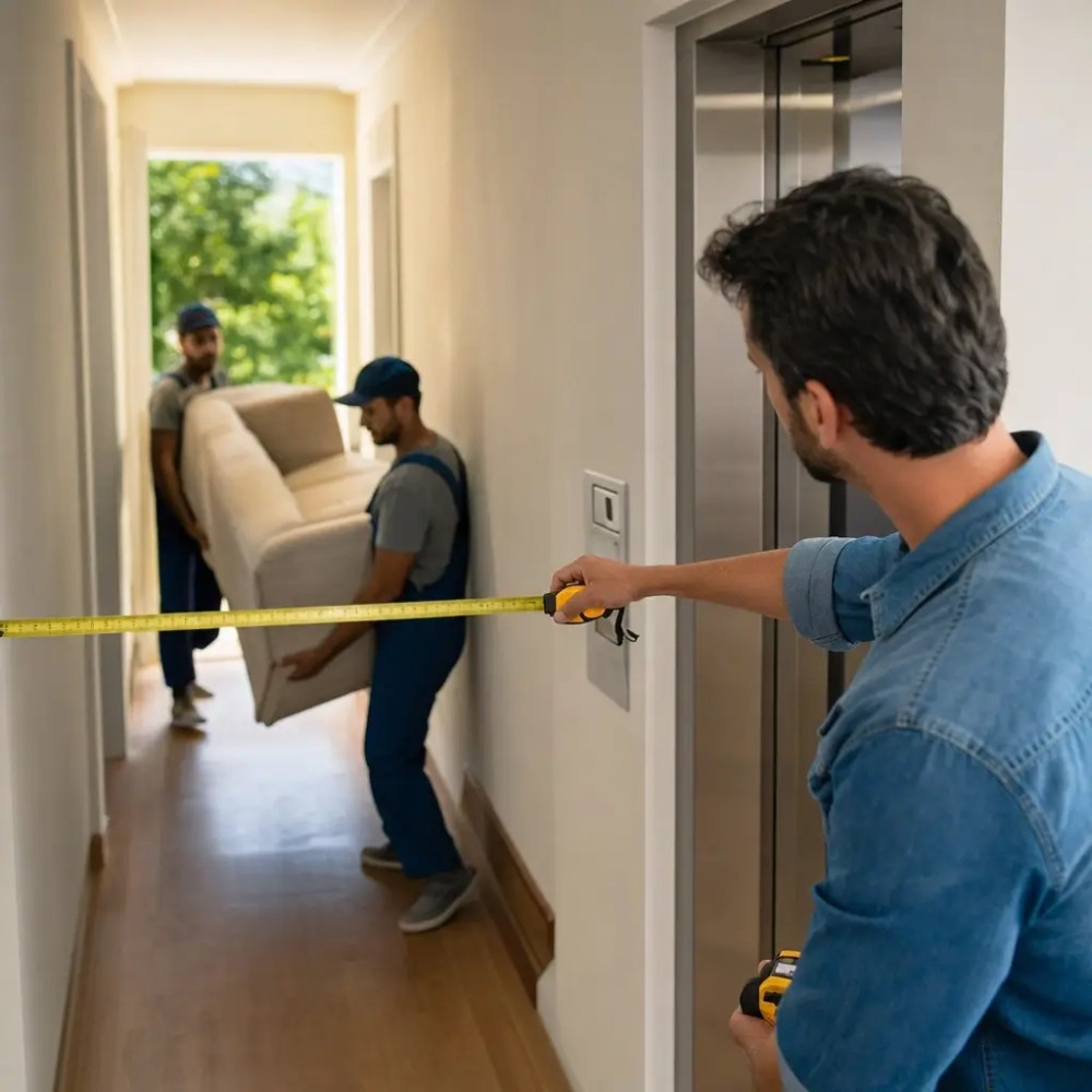 Homem mede corredor com trena, dois entregadores carregam sofá perto do elevador. A frase-chave tem 78 caracteres, então não cabe em um título com menos de 60 mantendo correspondência exata. Quer priorizar o limite de 60 ou a frase-chave exata?