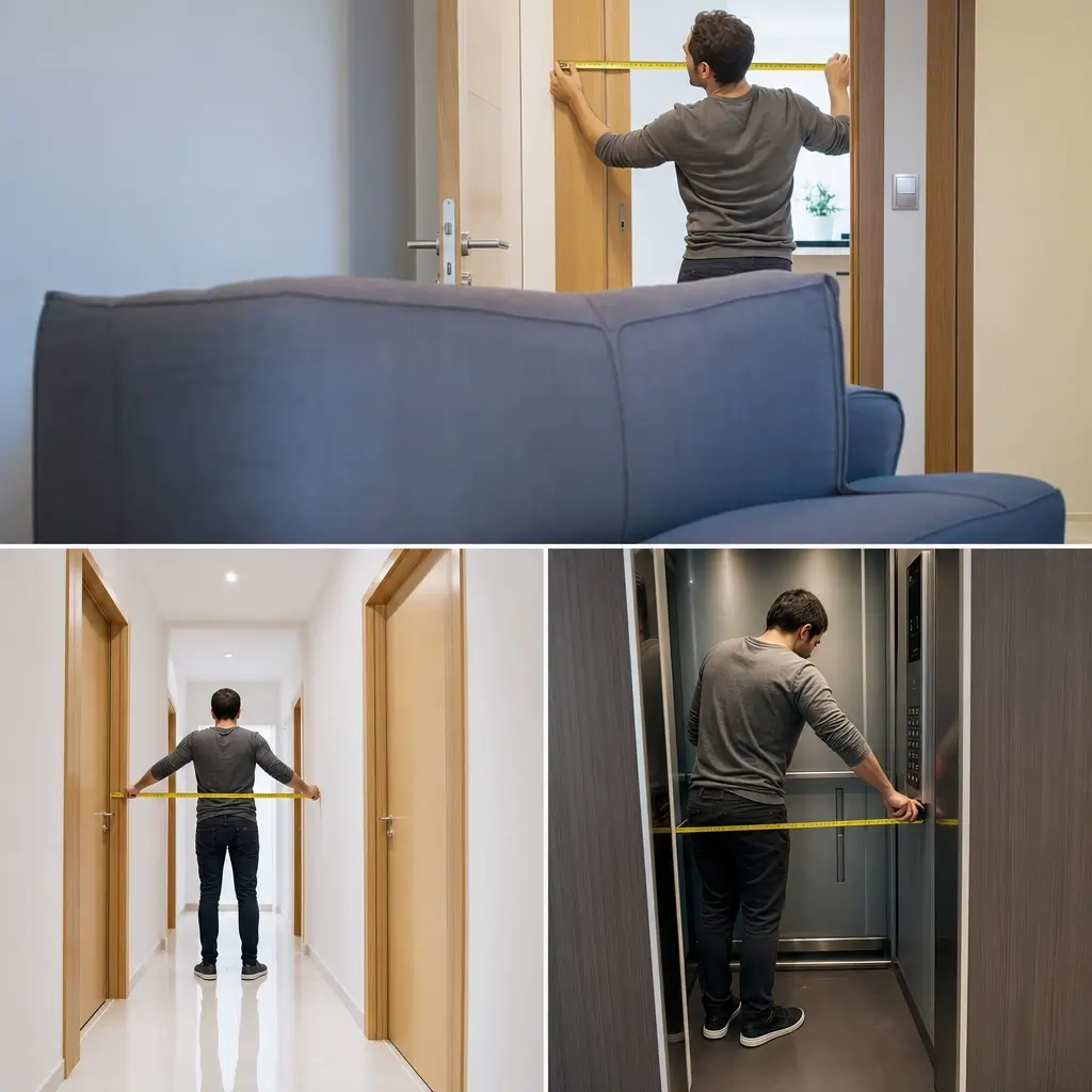 Homem mede porta, corredor e elevador com trena, sofá em primeiro plano. A frase-chave tem 78 caracteres, então não cabe em um título com menos de 60 mantendo correspondência exata. Quer priorizar o limite de 60 ou a frase-chave exata?