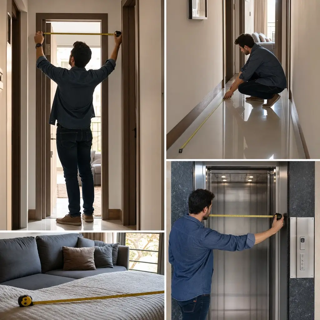 Homem mede porta, corredor, elevador e cama com trena. A frase-chave tem 78 caracteres, então não cabe em um título com menos de 60 mantendo correspondência exata. Quer priorizar o limite de 60 ou a frase-chave exata?
