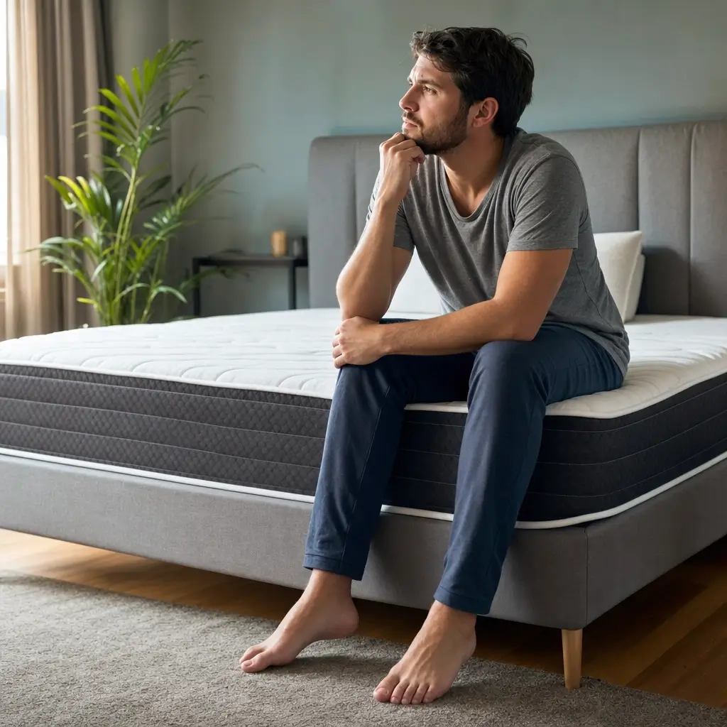 Homem pensativo sentado na cama, Colchão ortopédico: funciona mesmo ou é marketing?