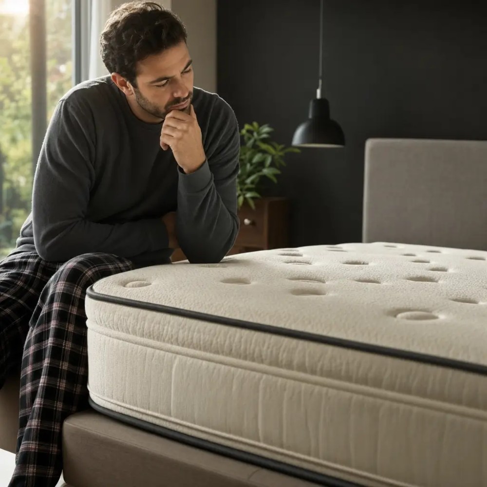 Homem pensativo sentado na cama, Colchão ortopédico: funciona mesmo ou é marketing?
