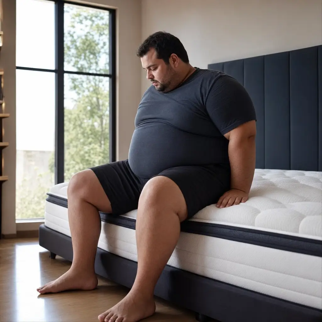 Homem sentado na beira da cama testando o colchão, Colchão para quem pesa mais de 100 kg: como escolher