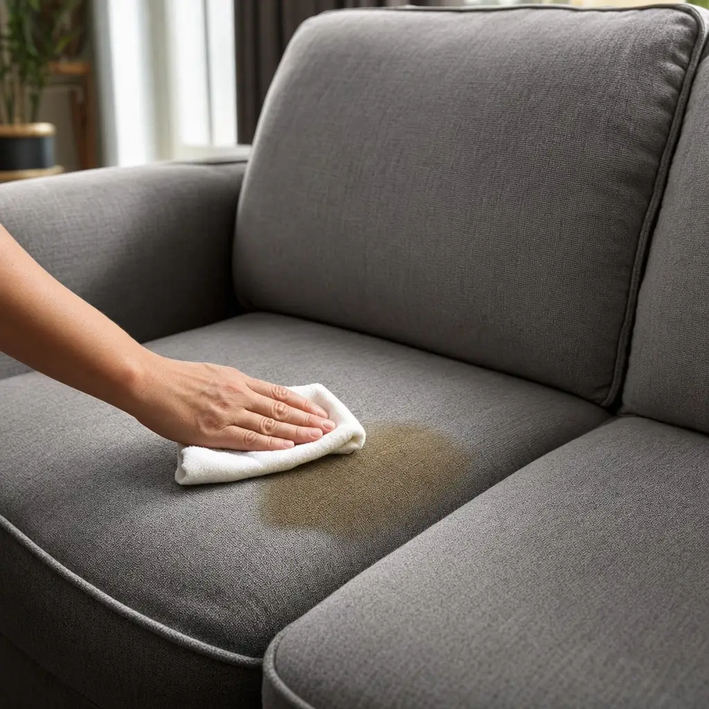 Mancha de gordura no sofá: como tirar sem manchar, mão limpando mancha em sofá cinza com pano branco