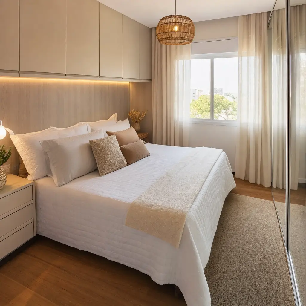 Medidas cama de casal: tamanhos e espaço no quarto, cama de casal com armário espelhado e janela