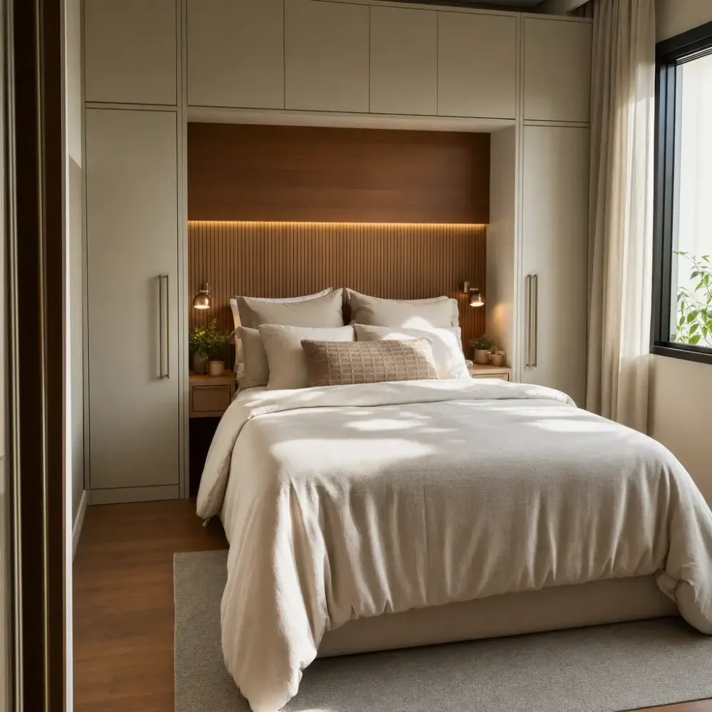 Medidas cama de casal: tamanhos e espaço no quarto, cama de casal em quarto com armários e janela