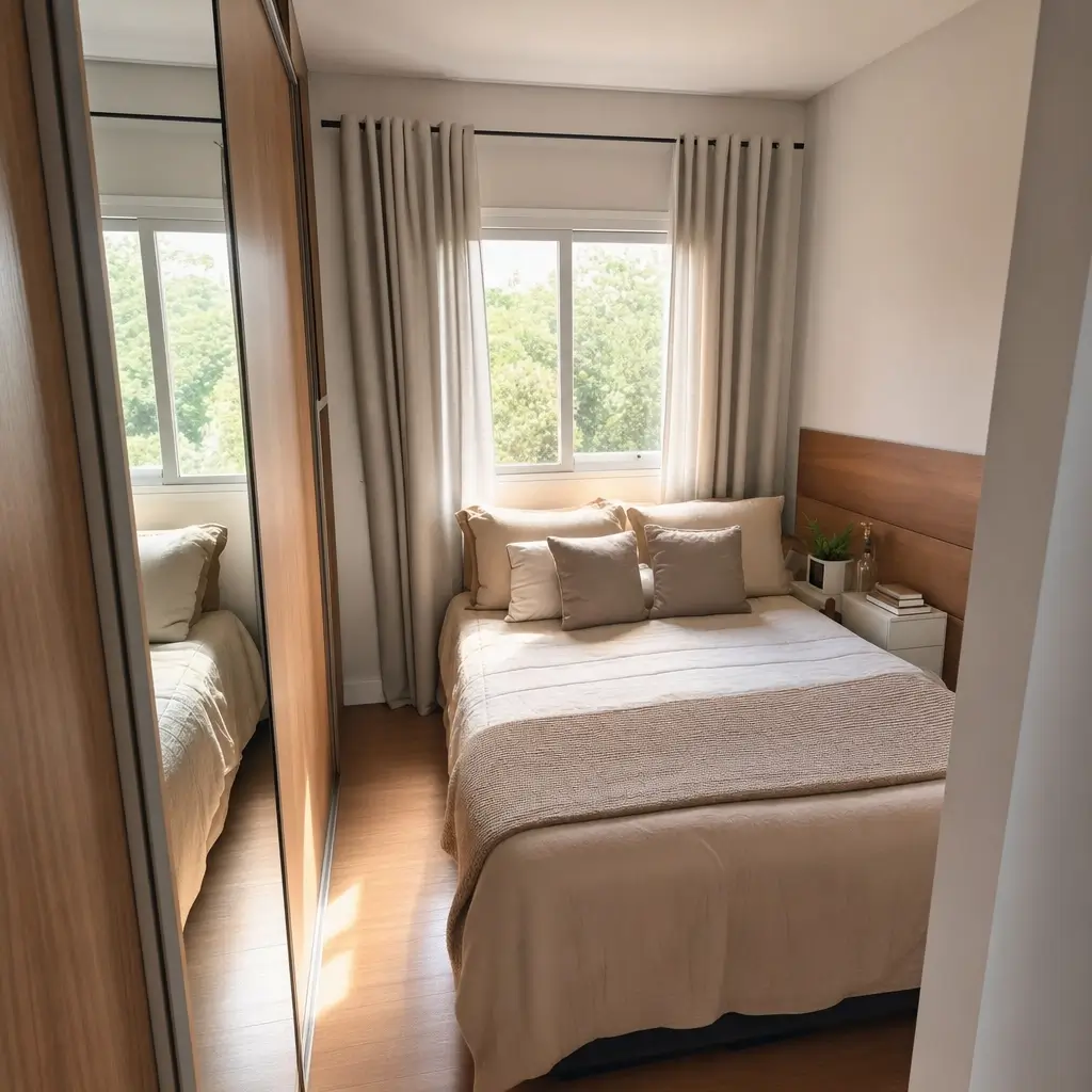 Medidas cama de casal: tamanhos e espaço no quarto, quarto com cama, guarda-roupa espelhado e janela