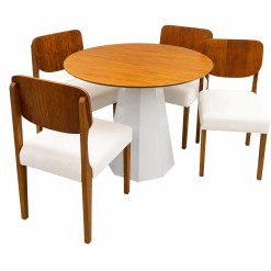 Mesa De Jantar Isis Sem Vidro Redonda 100cm E 4 Cadeiras Barcelona Em Linho Madeira New Ceval Off White Ipe Com Tecido Bege 41626