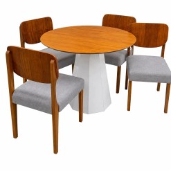 Mesa De Jantar Isis Sem Vidro Redonda 100cm E 4 Cadeiras Barcelona Em Linho Madeira New Ceval Off White Ipe Com Tecido Cinza 71726