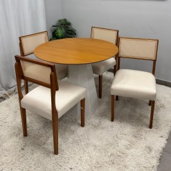 Mesa De Jantar Isis Sem Vidro Redonda 100cm E 4 Cadeiras Grecia Em Linho Madeira New Ceval 89664