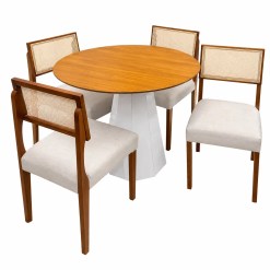 Mesa De Jantar Isis Sem Vidro Redonda 100cm E 4 Cadeiras Grecia Em Linho Madeira New Ceval Off White Ipe Com Tecido Bege 12441