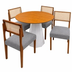 Mesa De Jantar Isis Sem Vidro Redonda 100cm E 4 Cadeiras Grecia Em Linho Madeira New Ceval Off White Ipe Com Tecido Cinza 96118