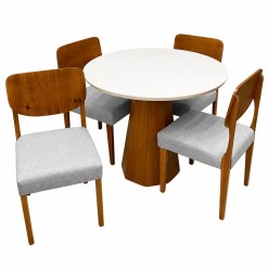 Mesa De Jantar Isis Com Vidro Redonda 100cm E 4 Cadeiras Barcelona Em Linho Madeira New Ceval Ipe Off White Com Tecido Cinza 37977