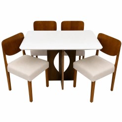 Mesa De Jantar Madrid 120x80cm Com 4 Cadeiras Barcelona Em Linho Madeira Minas Plac Cinamomo Off White Com Tecido Bege 32633