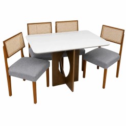 Mesa De Jantar Madrid 120x80cm Com 4 Cadeiras Grecia Em Linho Madeira Minas Plac Cinamomo Off White Com Tecido Cinza 77829