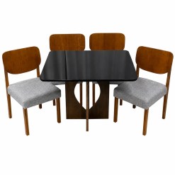Mesa De Jantar Madrid 90x90cm Com 4 Cadeiras Barcelona Em Linho Madeira Minas Plac Cinamomo Preto Com Tecido Cinza 44432