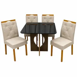 Mesa De Jantar Madrid 90x90cm Com 4 Cadeiras Jasmim Em Linho Estofadas Minas Plac Cinamomo Preto Com Tecido Bege 64760