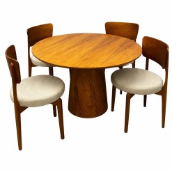 Mesa De Jantar Paris Redonda 120cm Com 4 Cadeiras Maldivas Em Linho Madeira Minas Plac Cinamomo Com Tecido Bege 89906