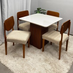 Mesa De Jantar Riviera 90x90cm Com 4 Cadeiras Barcelona Em Linho Madeira Lj Moveis 16278