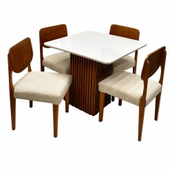 Mesa De Jantar Riviera 90x90cm Com 4 Cadeiras Barcelona Em Linho Madeira Lj Moveis Cinamomo Off White Com Tecido Bege 39445