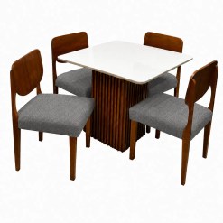 Mesa De Jantar Riviera 90x90cm Com 4 Cadeiras Barcelona Em Linho Madeira Lj Moveis Cinamomo Off White Com Tecido Cinza 20410